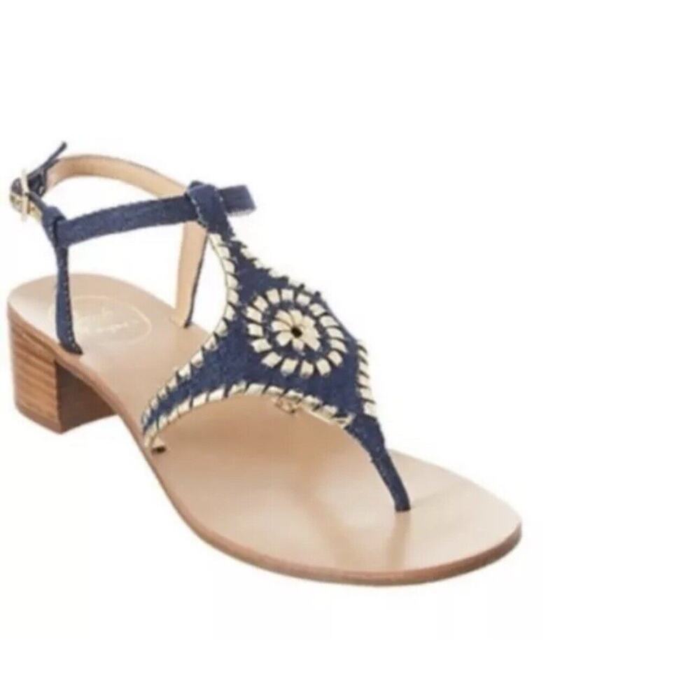 Jack Rogers Elise Denim Gold Embroidered Block Heel Sandals Size 10